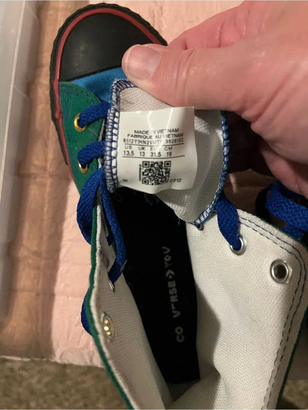 Converse Kids Green High-Top Sneakers with Rainbow Patch and Blue Laces